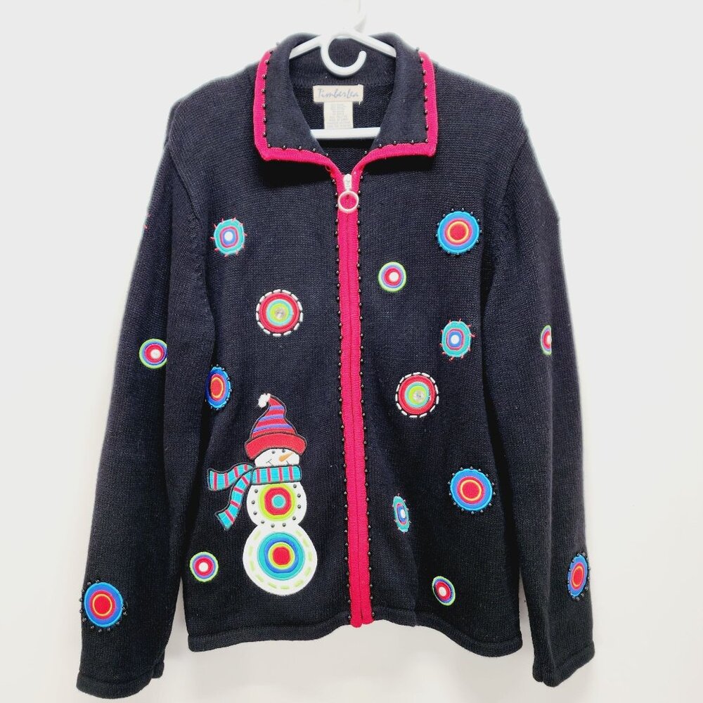Timberlea Christmas Snowman Cardigan XL Black Sweater Ramie  Colorful Embroidery